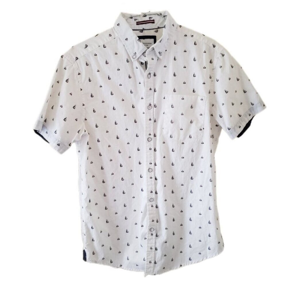 Cactus Man Men's White Ship Print Short Sleeve Button Down Shirt with Pocket